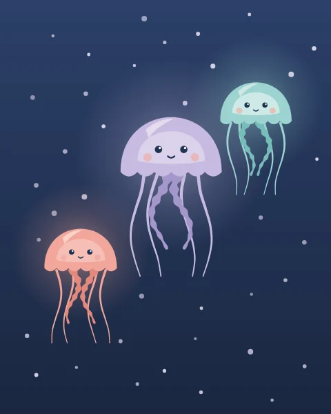 Three softly glowing jellyfish drift through the dark blue sea at night.