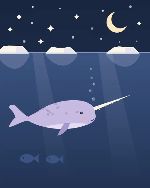 A lilac narwhal with a long spiral tusk swims under floating ice beneath a starry sky.