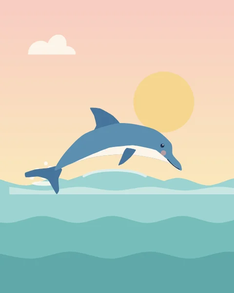 A dolphin leaps above the rolling waves under a warm pink and butter sky.
