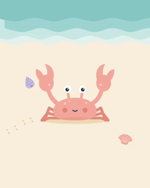 A small coral crab sits on the sand near the edge of the sea, with a few shells and a trail of tiny footprints.