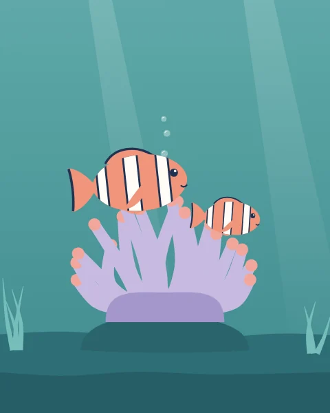 Two clownfish nestle among the lilac tentacles of a sea anemone in deep teal water.