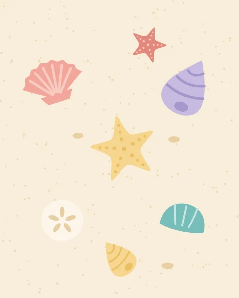 A starfish, a scallop, spiral shells, a sand dollar and a clam laid out on pale sand.
