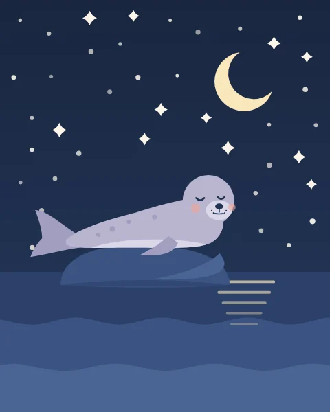 A seal sleeps on a smooth rock in the sea under a crescent moon and scattered stars.
