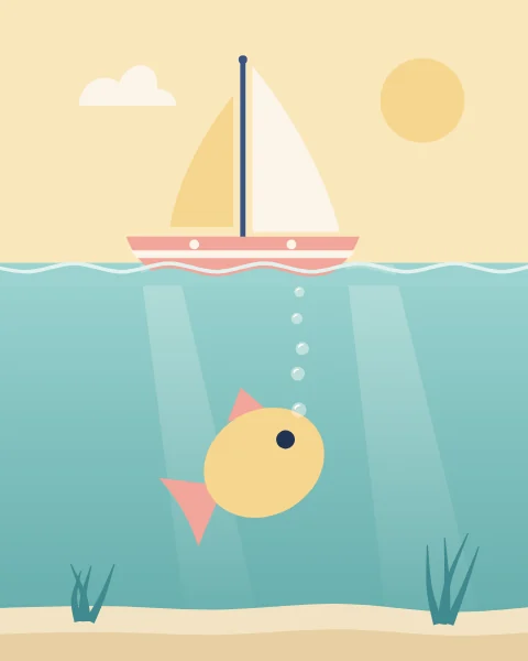A small sailing boat floats on the sea while a yellow fish looks up at it from below.