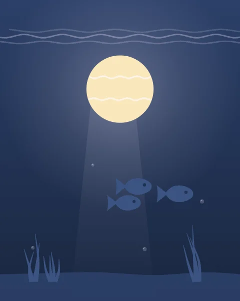The full moon seen from under the sea, its light falling through the rippling surface towards a few small fish.