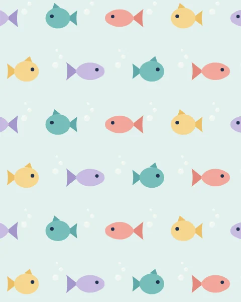 A repeating pattern of small fish in coral, butter, lilac and teal swimming among little bubbles.