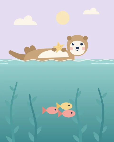A sea otter floats on its back holding a starfish, above a kelp forest full of fish.