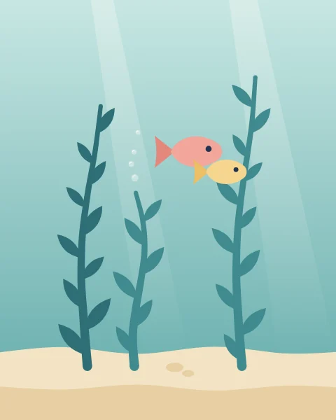 Tall strands of kelp rise from a sandy sea floor through sunlit water, with two small fish passing by.
