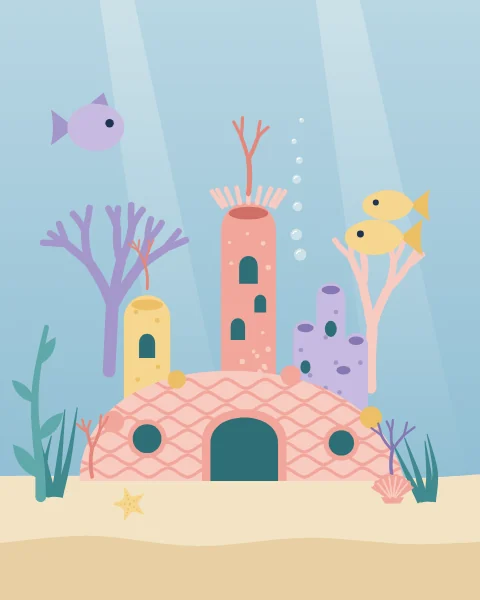 A little castle grown from coral stands on the sea floor: a brain-coral mound with an arched gate and round windows, a tall tube-coral keep, a yellow sponge tower and a turret of organ-pipe coral, with fish swimming around it.