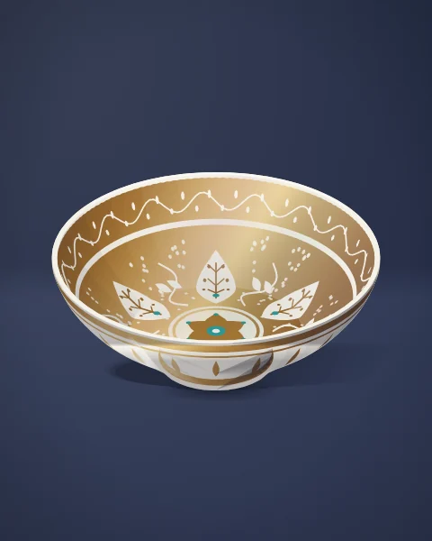 A white bowl painted inside with golden lustre, leaving pale palmettes, tendrils and dots in reserve around a small rosette.