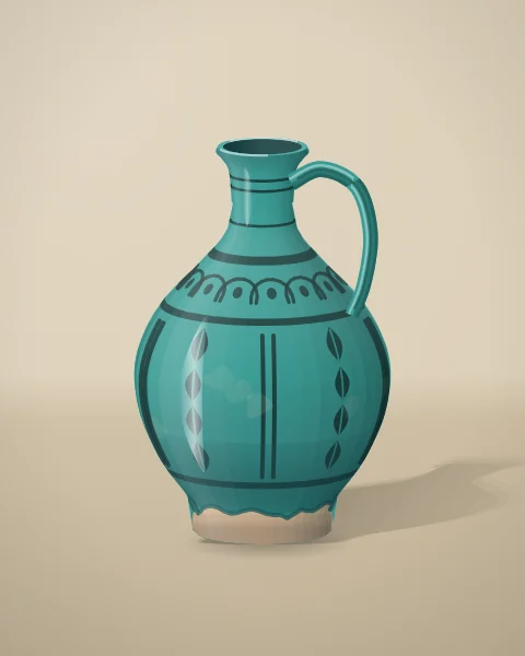 A pear-shaped jug with a strap handle, painted in black beneath a glossy turquoise glaze that pools darker near the foot.