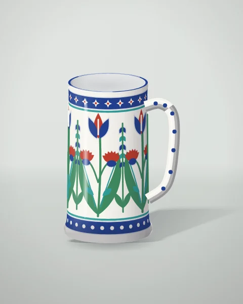 A tall white tankard painted with red tulips, carnations, hyacinths and green saz leaves between cobalt bands.