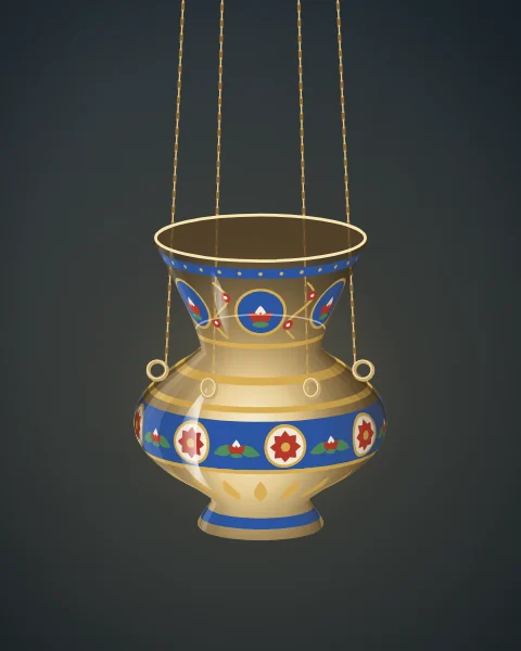 A glass lamp with a flared neck and rounded body, enamelled with blue bands, lotus roundels and red rosettes, hanging on fine chains and glowing from within.