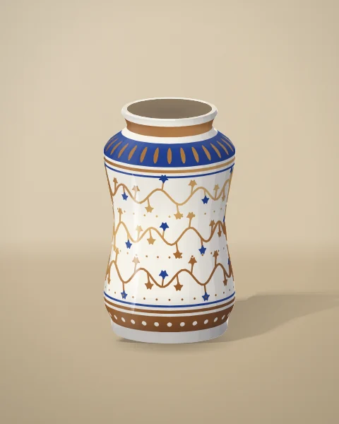 A waisted storage jar in cream glaze, painted with running stems of small leaves in coppery lustre and cobalt between banded borders.