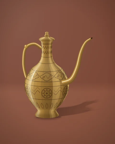 A polished brass ewer with a domed lid, a long curving spout and a looped handle, engraved with cartouches and star medallions.