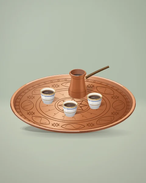 An engraved copper tray seen from above, set with a long-handled coffee pot and three small white cups of dark coffee.