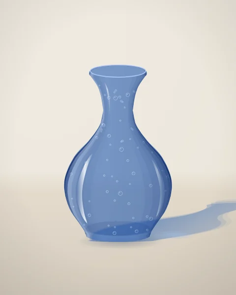 A blown glass vase in clear blue, flecked with tiny bubbles, casting a blue shadow across a pale surface.