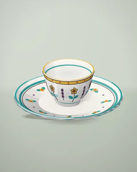 A small handleless coffee cup on its saucer, painted with yellow flowers, turquoise leaves and purple buds on white.