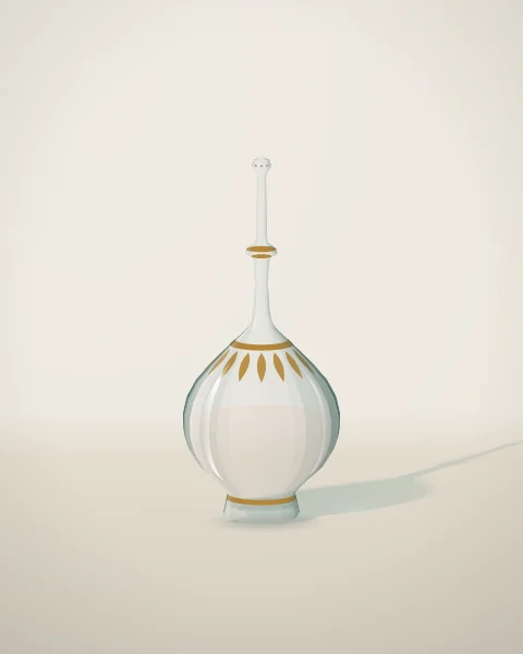 A pale glass sprinkler with a long slender neck and a ribbed, gilded body holding a little rosewater.