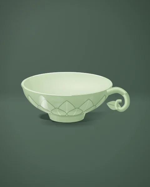 A pale green jade cup with a curling leaf handle, its underside carved with tiers of lotus petals.