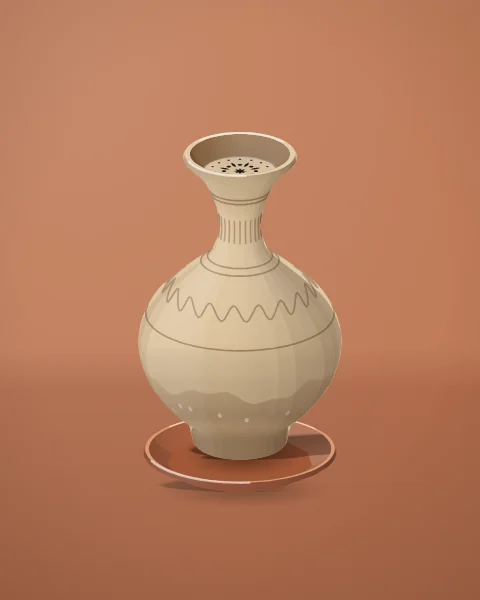 A pale unglazed water jug on a terracotta dish, its flared mouth showing a pierced clay filter and its lower body darkened with damp.