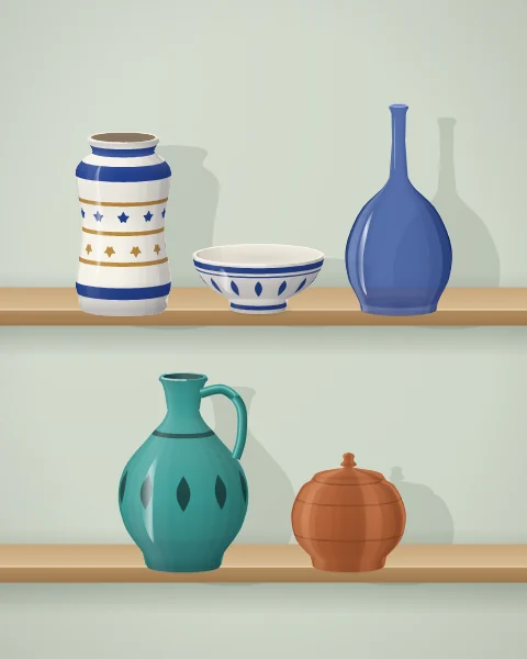 Five vessels lined up on wooden shelves: a white jar banded in blue and gold, a small bowl, a cobalt glass bottle, a turquoise jug and a lidded copper pot.