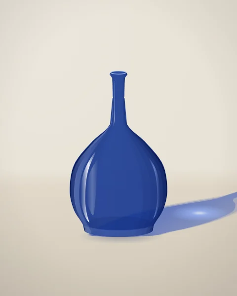 A deep cobalt glass bottle with a long neck, light passing through it to throw a luminous blue shadow.