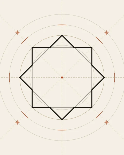 An eight-point star drawn on warm paper with its construction still showing: the circle, the two squares, dashed axes and diagonals running off the edges, wider compass circles and small clay marks where the compass was set.
