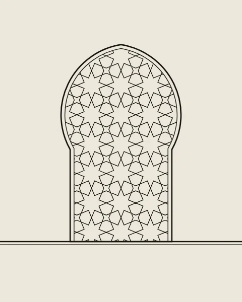 A pointed horseshoe arch in a double ink line stands on a drawn floor line, its opening filled with a fine star lattice; the rest of the sheet is plain bone.