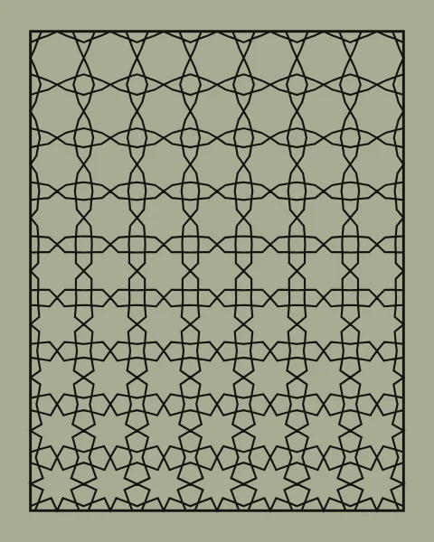 A framed sage sheet of one ink line pattern that starts as a plain lattice of crossing lines at the top and turns into interlocking eight-point stars towards the bottom.
