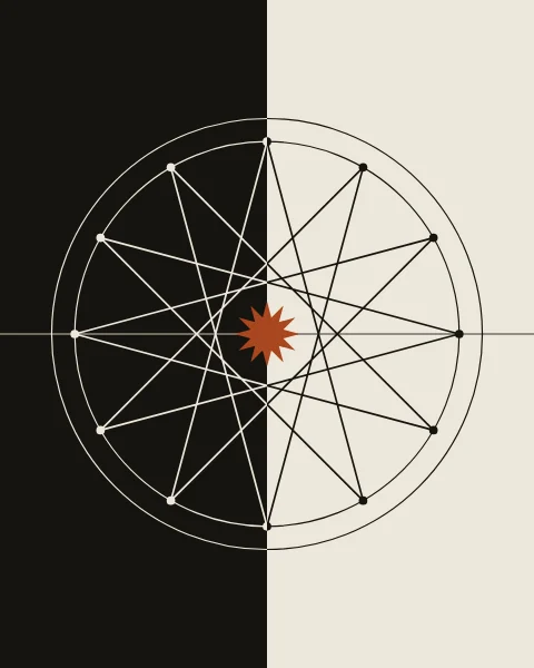 A twelve-point star polygon inside a circle, with the sheet split down the middle into ink on the left and bone on the right and a small solid clay star at the centre.