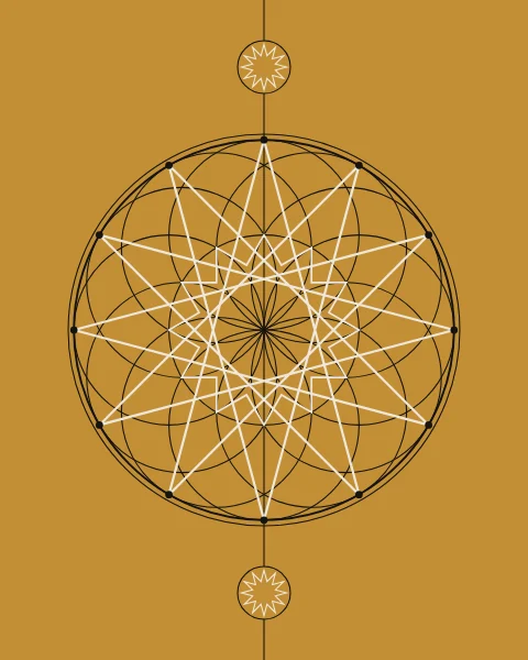 An ochre sheet with thirteen thin ink circles and two bone twelve-point stars drawn over them, one inside the other, on a vertical centre line with a small compass station above and below.