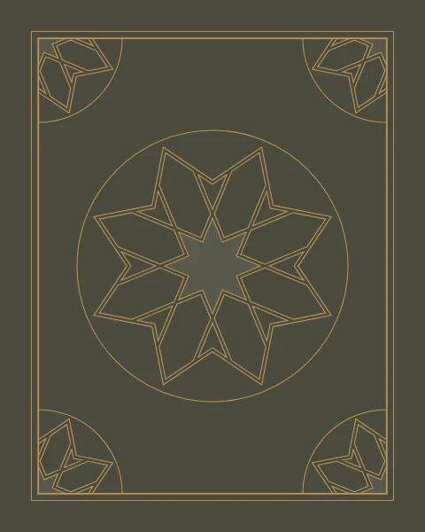 An eight-fold rosette in doubled gold line at the centre of a ruled moss panel, with a quarter of the same rosette set into each corner.