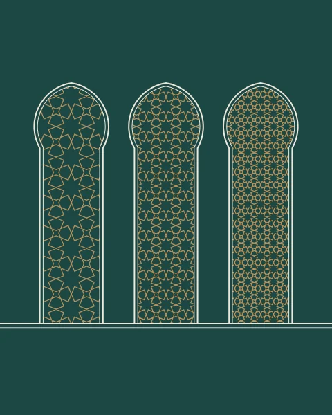 Three pointed horseshoe arches outlined in bone stand in a row on a floor line across a teal sheet, each filled with the same gold star lattice at a finer scale than the one before.