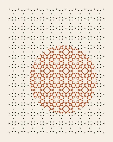 A warm white sheet covered with an even grid of small ink dots, with one round patch of interlocking clay stars drawn in just off centre.