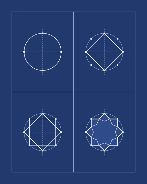 A cobalt sheet divided into four framed panels, each showing one stage of drawing an eight-point star: a circle with its axes, one square, the second square, then the finished star filled a shade lighter with a second star turned inside it.