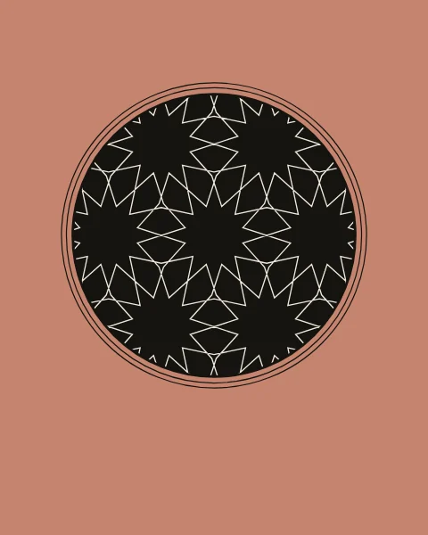 A round window framed by three thin ink rings sits on a rose clay sheet, and inside it is a dark field of fine bone-coloured twelve-point stars.