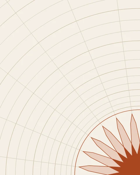 A twenty-four-point rosette in clay, with pale clay petals around a solid star, sits in the lower right corner with only a quarter of it on the sheet; around it sand rings, spaced wider and wider, and straight radii spread across the paper.