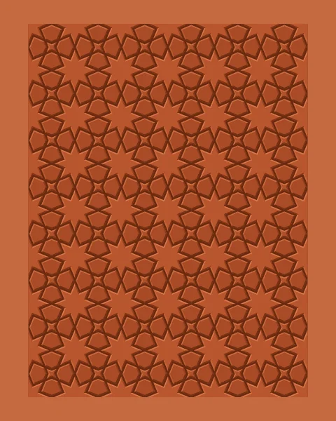 A framed field of eight-point stars, petals and smaller four-point stars rendered as raised tiles in tones of terracotta, lit from the upper left, with no line and no second colour.