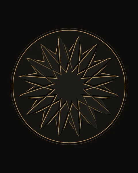 A sixteen-fold rosette in raised black pieces on a black sheet, shown by a gilt light along the upper edges of each piece and shadow below, inside a thin gold circle.