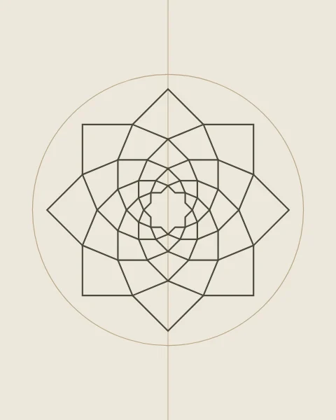 Seven eight-point stars nested one inside the next, getting smaller towards the centre, drawn in one moss line on bone inside a thin sand circle.