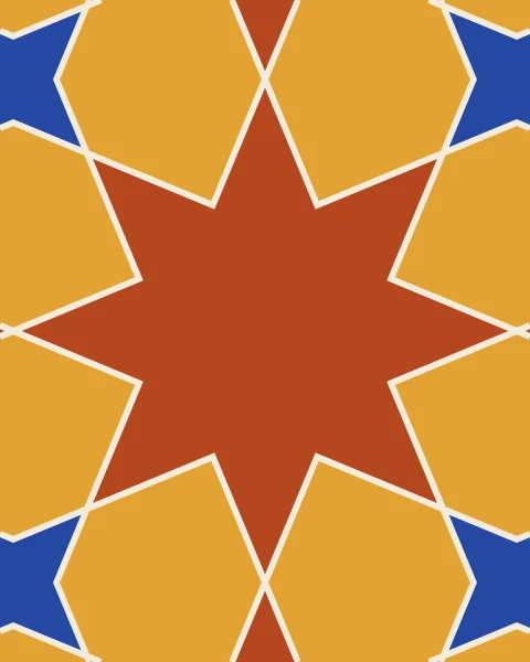 A tight close-up of one large clay eight-point star ringed by saffron petals, with cobalt four-point stars at the corners, all separated by bone joints.