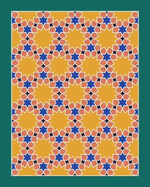 A framed field of saffron twelve-point stars, cobalt six-point stars, clay hexagons and small ink four-point stars, in bone joints on a deep teal ground.