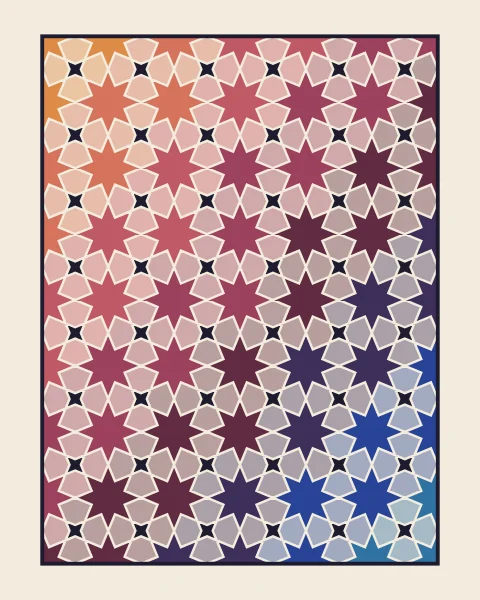 A framed field of eight-point stars, petals and small ink four-point stars, in which the stars move tile by tile from saffron at the top left through rose and plum to cobalt and turquoise at the bottom right.