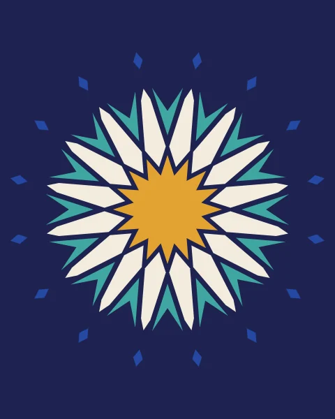 A sixteen-fold rosette pulled apart on an indigo ground: a saffron star at the centre, a ring of bone petals and a ring of turquoise points set a little further out, with sixteen small cobalt diamonds beyond.