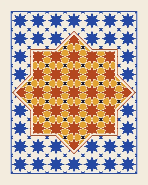 A framed field of cobalt and bone stars, and inside one large eight-point star at the centre the same pattern in clay, saffron and ink, edged in bone and a fine clay line.