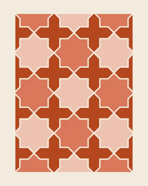 Eight-point stars, alternately blush and rose clay, locked together with clay crosses in wide bone joints, framed on a bone ground.