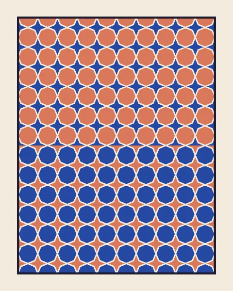 A framed field of octagons and four-point stars, clay octagons and cobalt stars in one half of the sheet and the colours swapped in the other, the change running straight through a row of octagons.