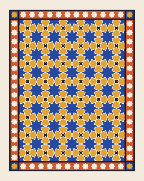 A central field of cobalt stars, saffron petals and ink four-point stars inside a persimmon border of bone eight-point stars, with a cobalt square and saffron star at each corner, all ruled in ink.