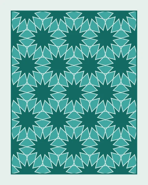 A framed field of twelve-point stars and the petals around them, in two tones of teal and turquoise with pale joints, on a pale mint ground.